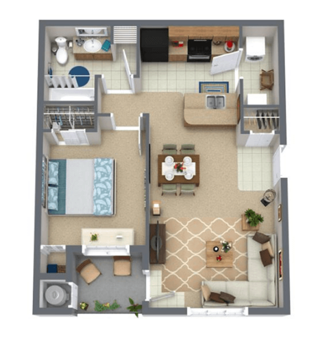 Floor plan for 1 bed, 1 bath, 657 sqft